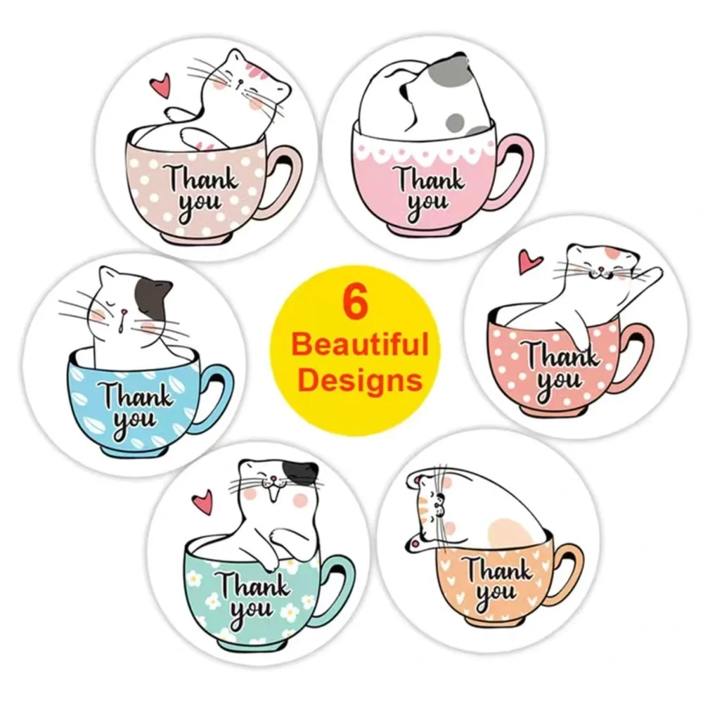 500pcs Hand-Painted Cat Pattern Thank You Stickers